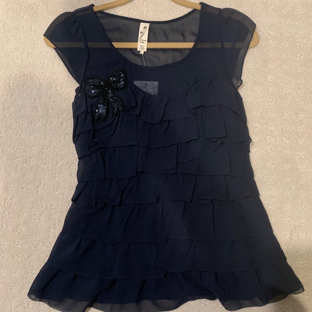 NWT Anthropologie Navy Chiffon Ruffle Blouse
